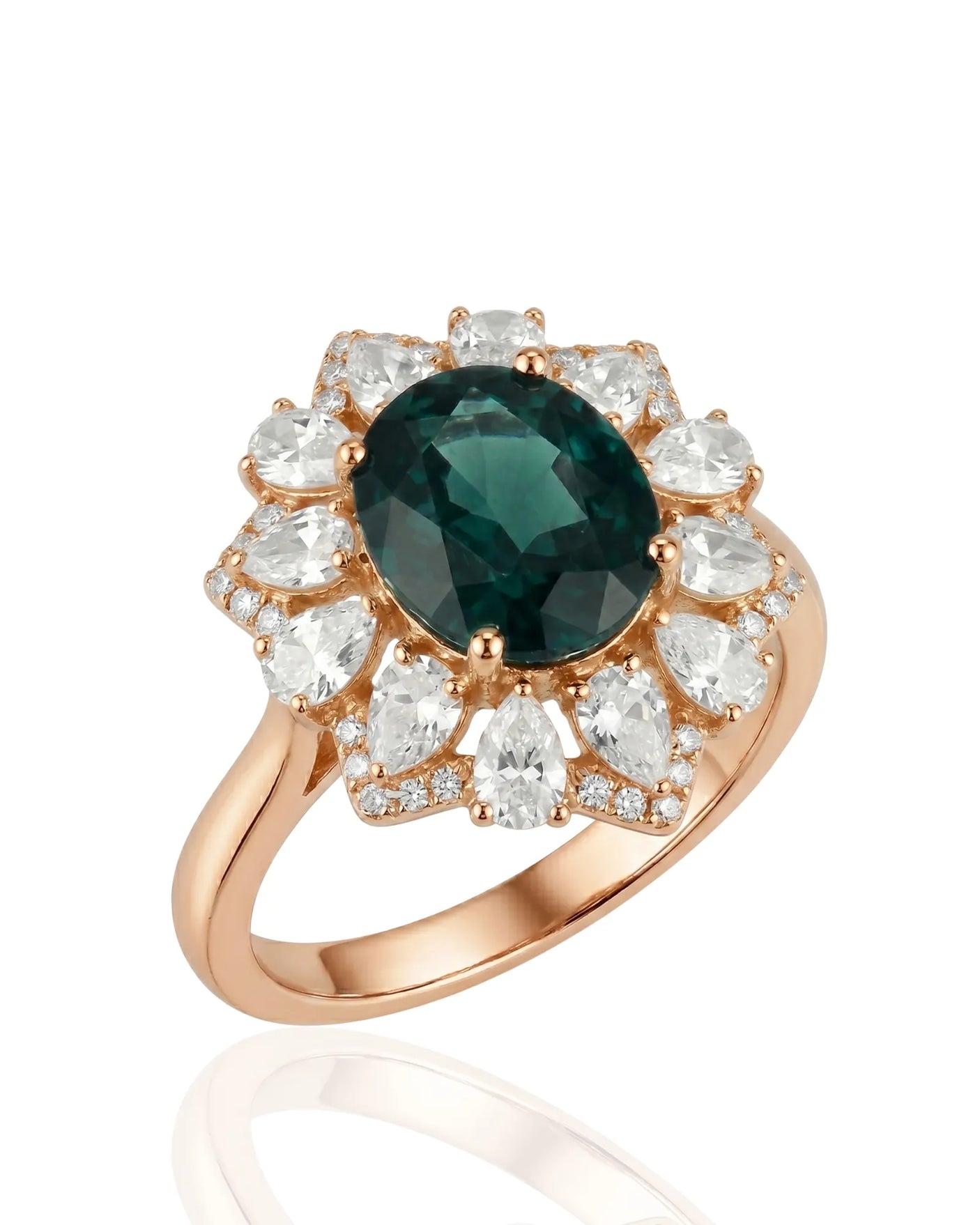 Oval natural sapphire ring with floral diamond halo in 18K rose gold | SARATTI