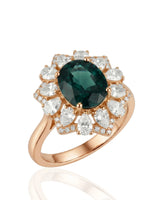 Oval natural sapphire ring with floral diamond halo in 18K rose gold | SARATTI