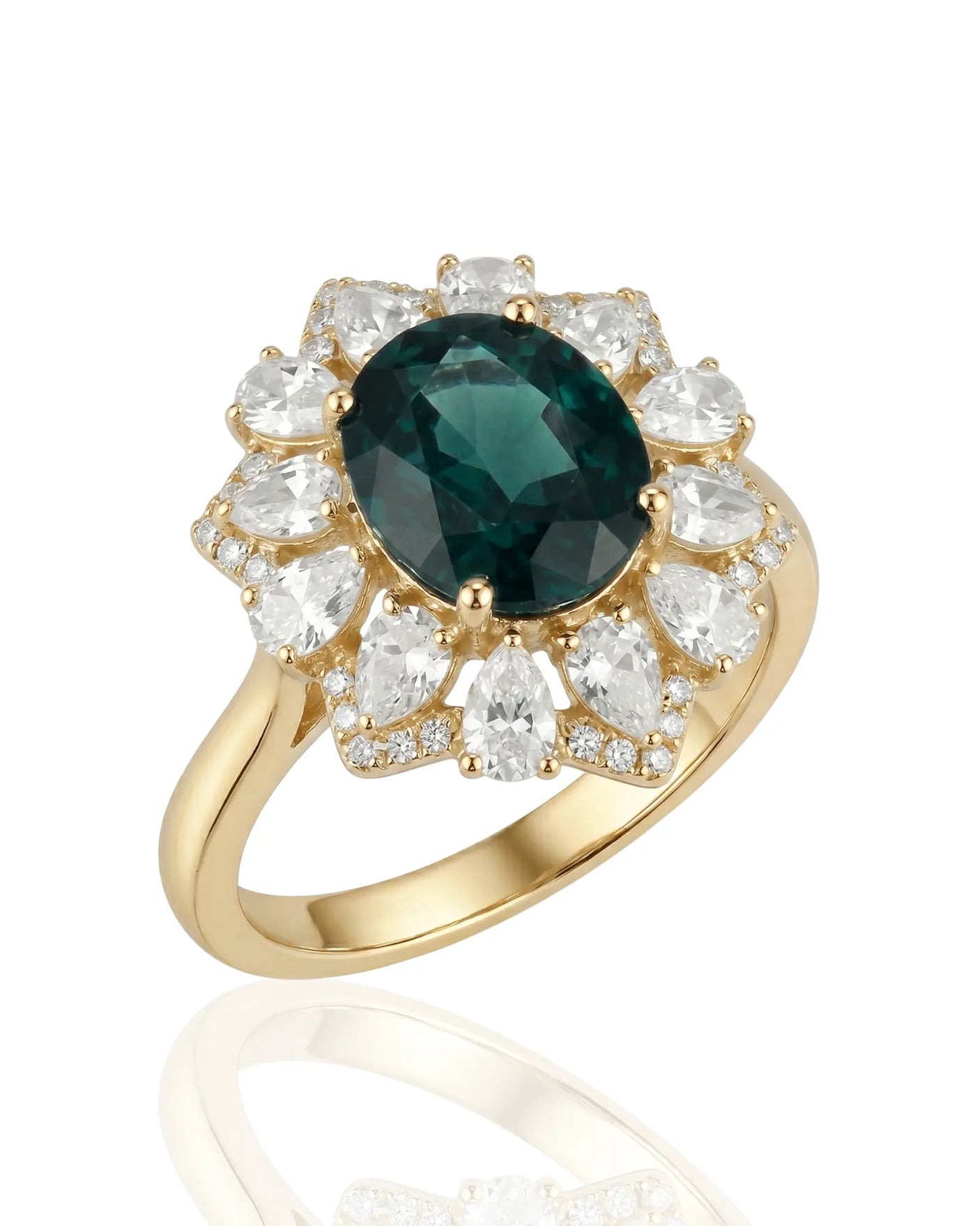 Oval natural sapphire ring with floral diamond halo in 18K yellow gold | SARATTI