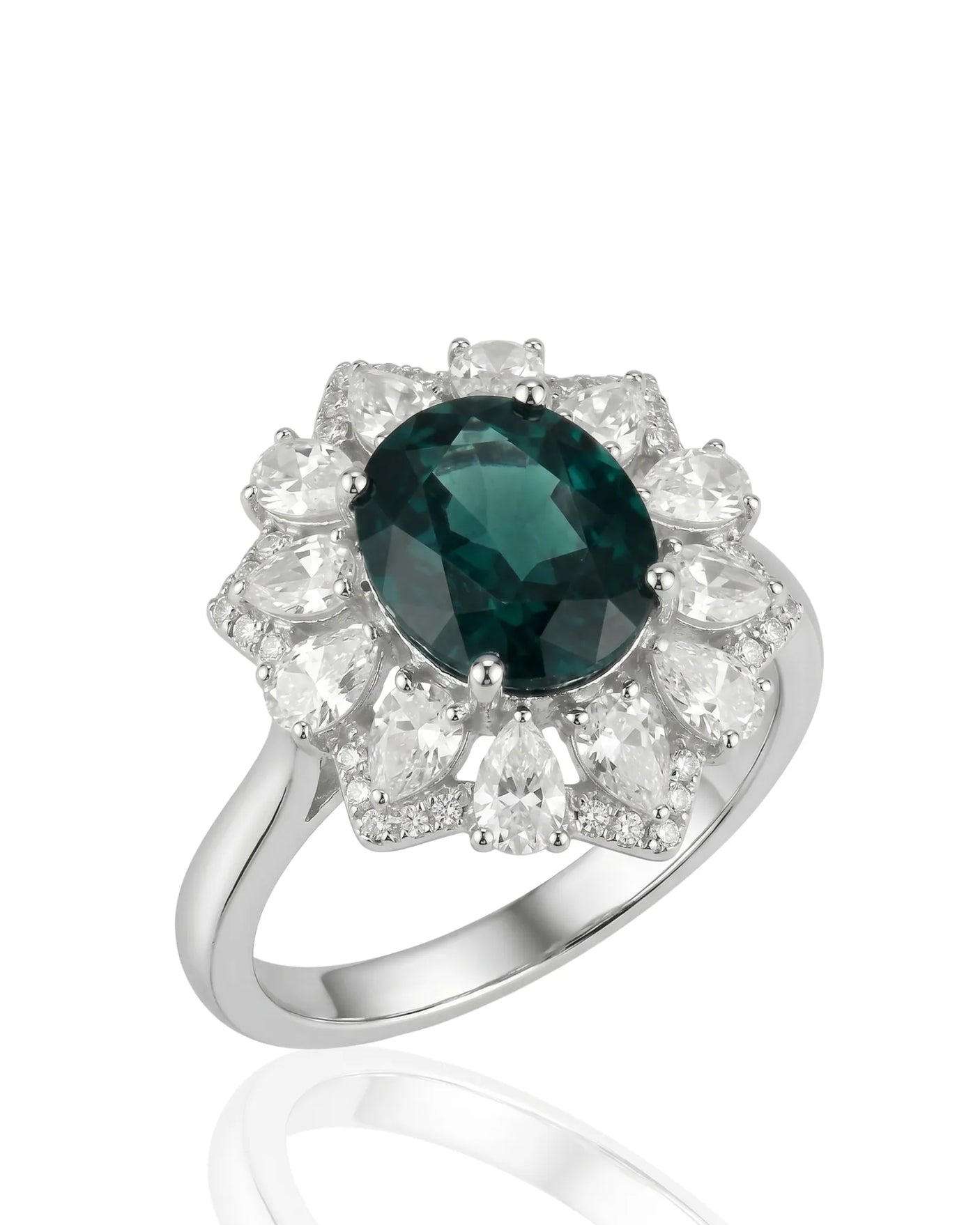 Oval natural sapphire ring with floral diamond halo in polished platinum | SARATTI