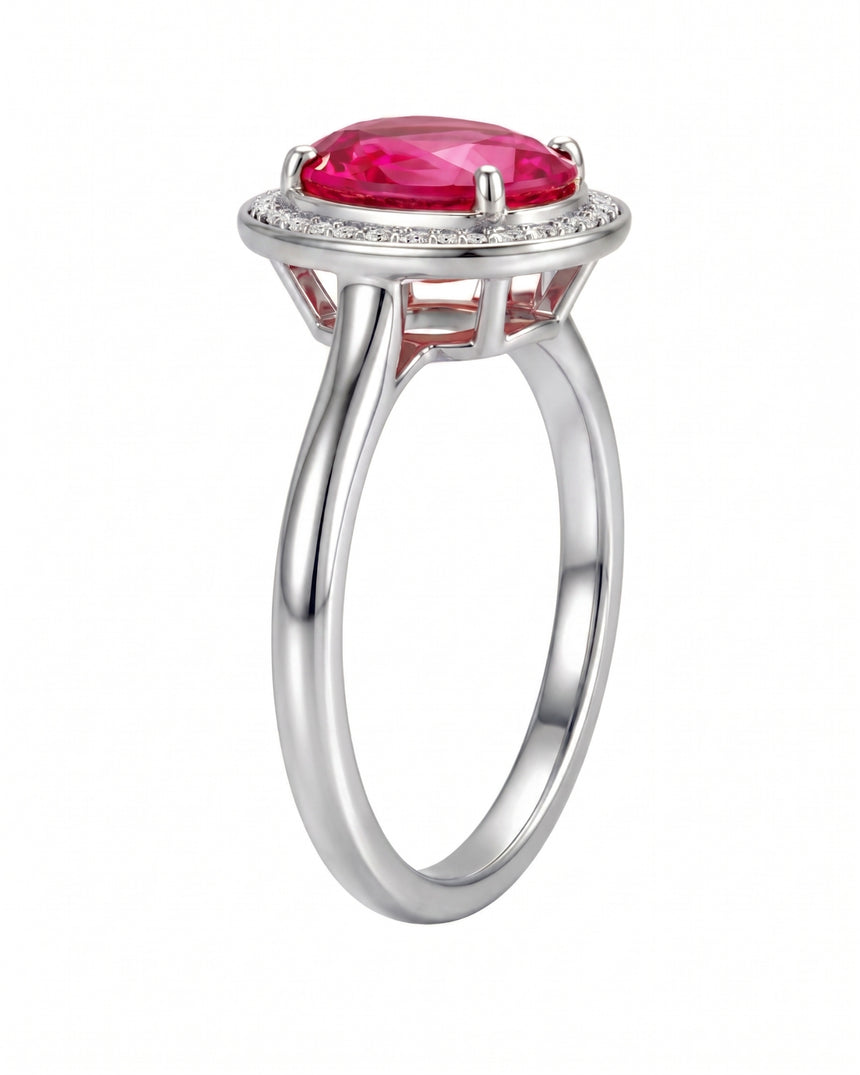 Oval pink tourmaline halo ring with natural diamonds in polished 18K White Gold | SARATTI