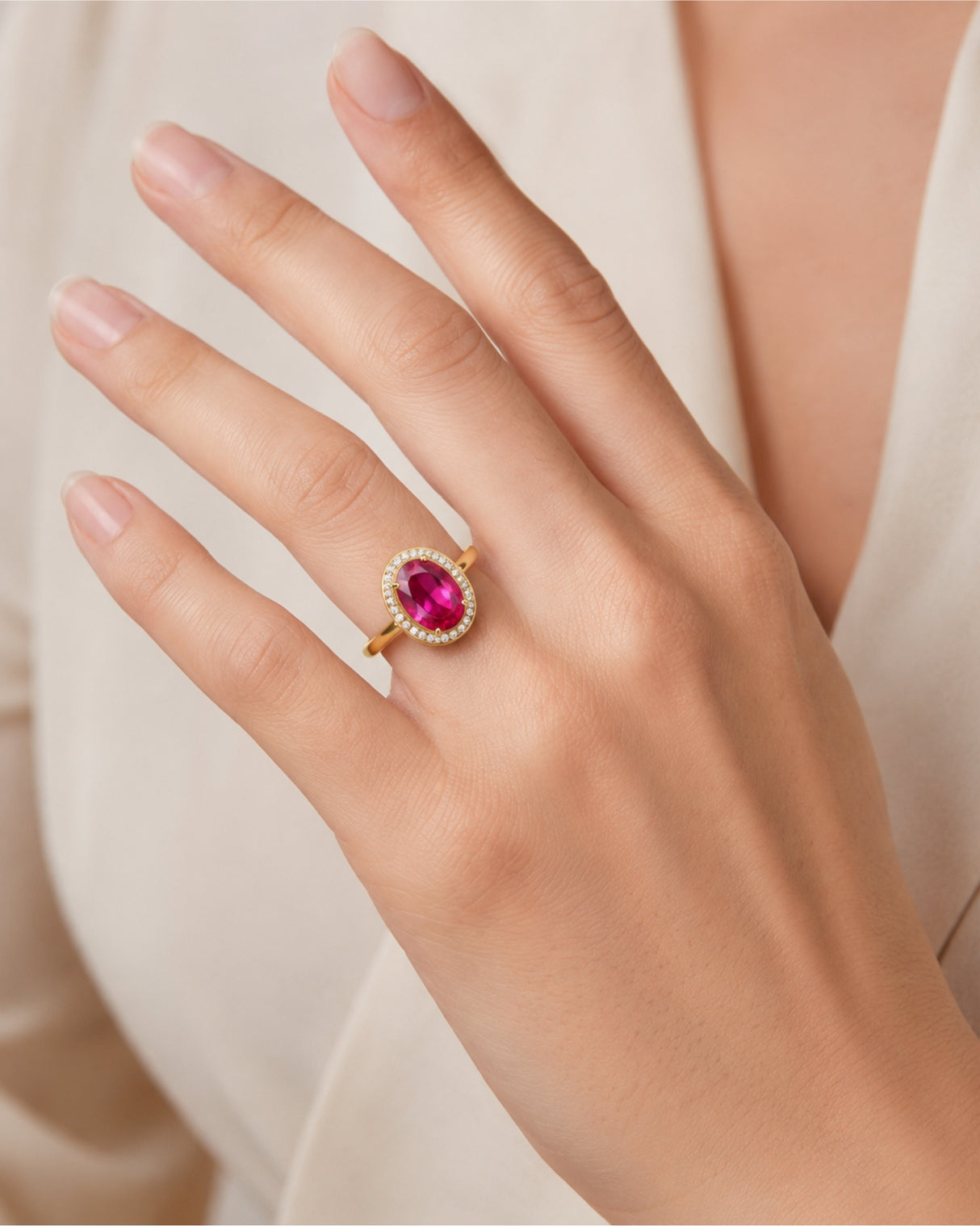 Oval pink tourmaline halo ring with natural diamonds in polished 18K Yellow Gold | SARATTI