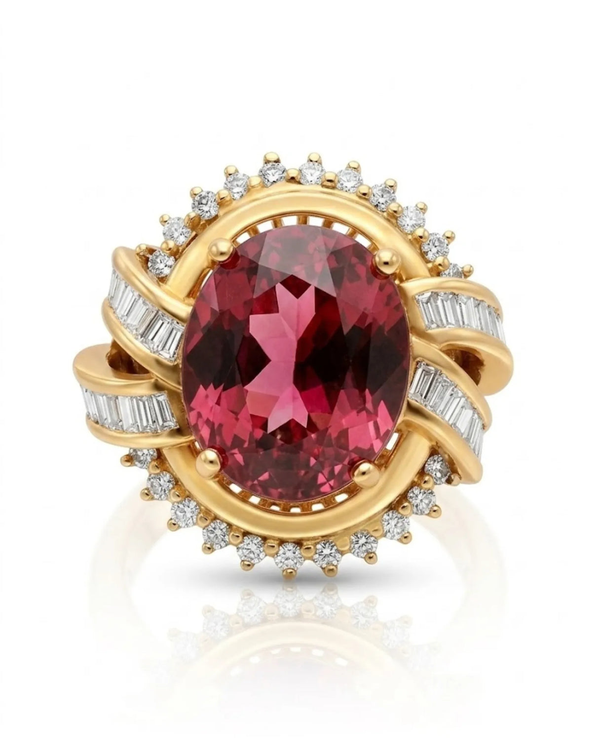 Oval pink tourmaline ring with baguette diamond shoulders and round halo accents in 18K yellow gold | SARATTI