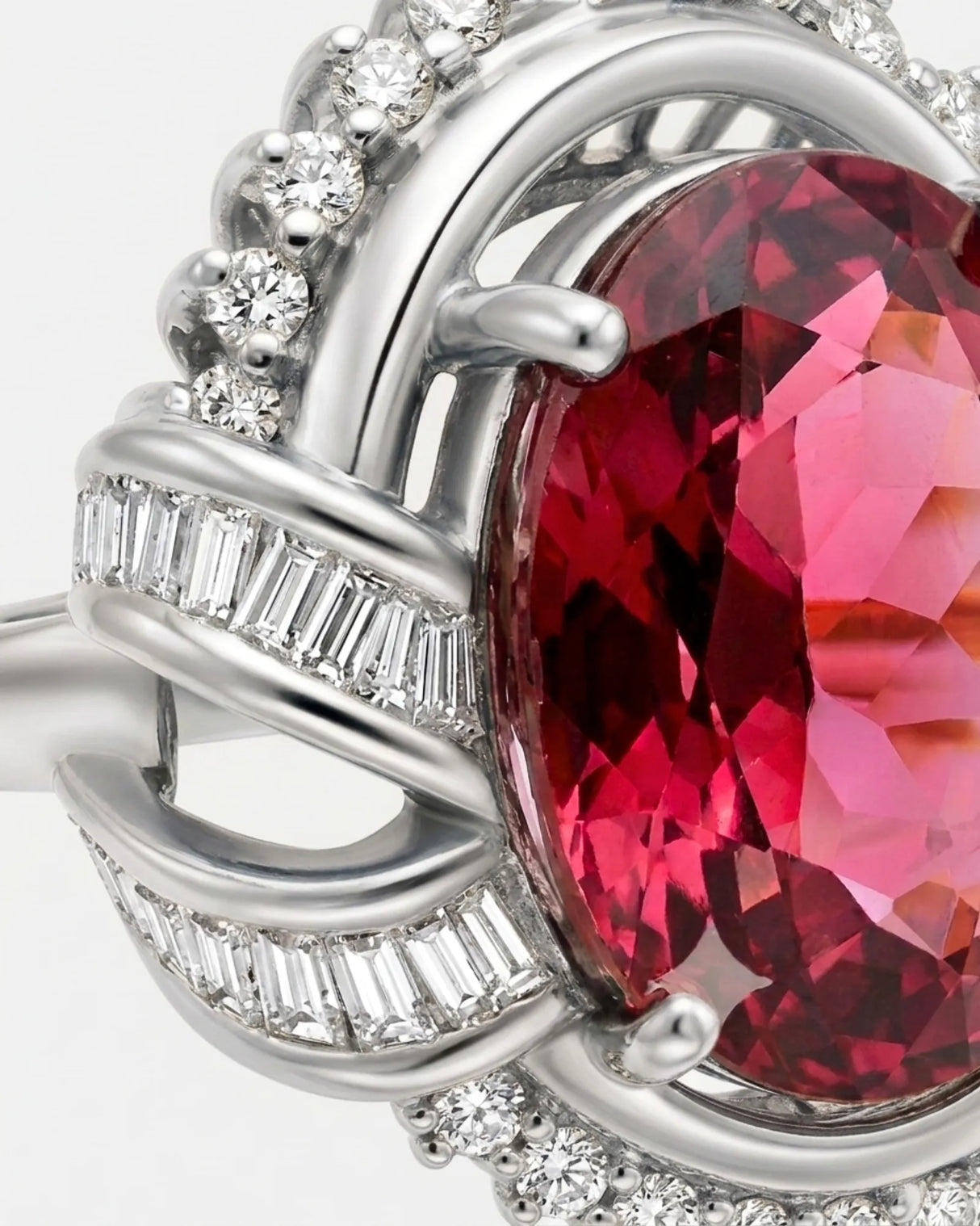 Oval pink tourmaline ring with baguette diamond shoulders and round halo accents in a platinum design | SARATTI