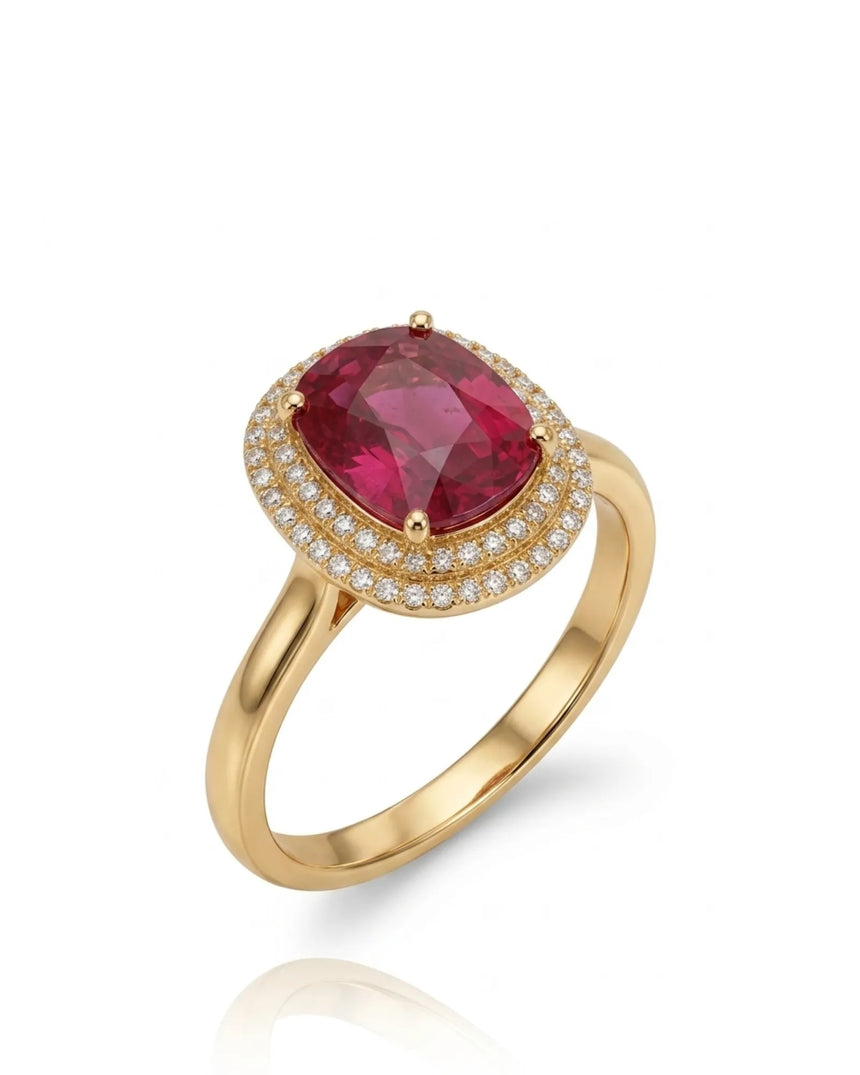 Oval pink tourmaline ring with double diamond halo in 18K yellow gold | SARATTI