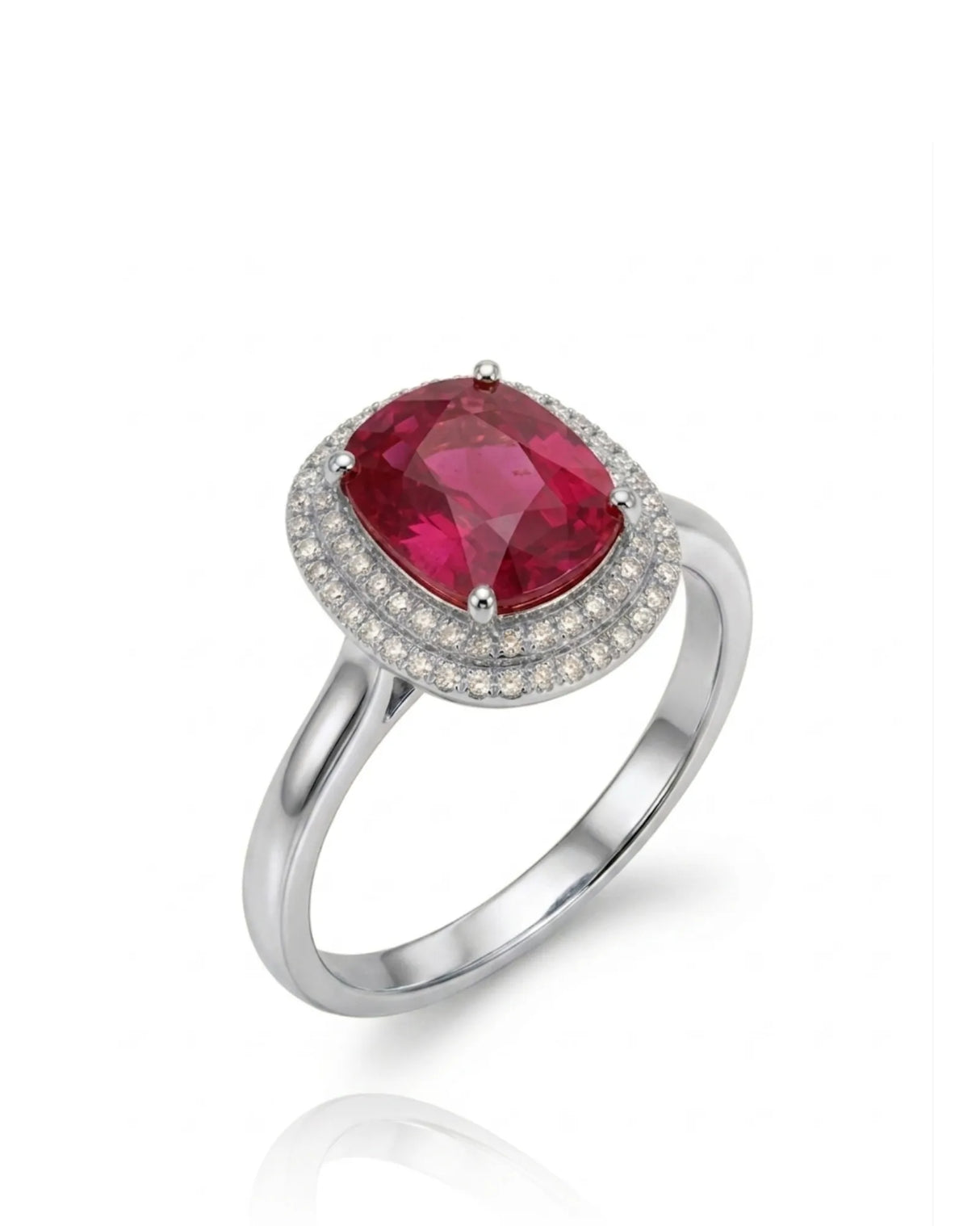 Oval pink tourmaline ring with double diamond halo in premium platinum | SARATTI