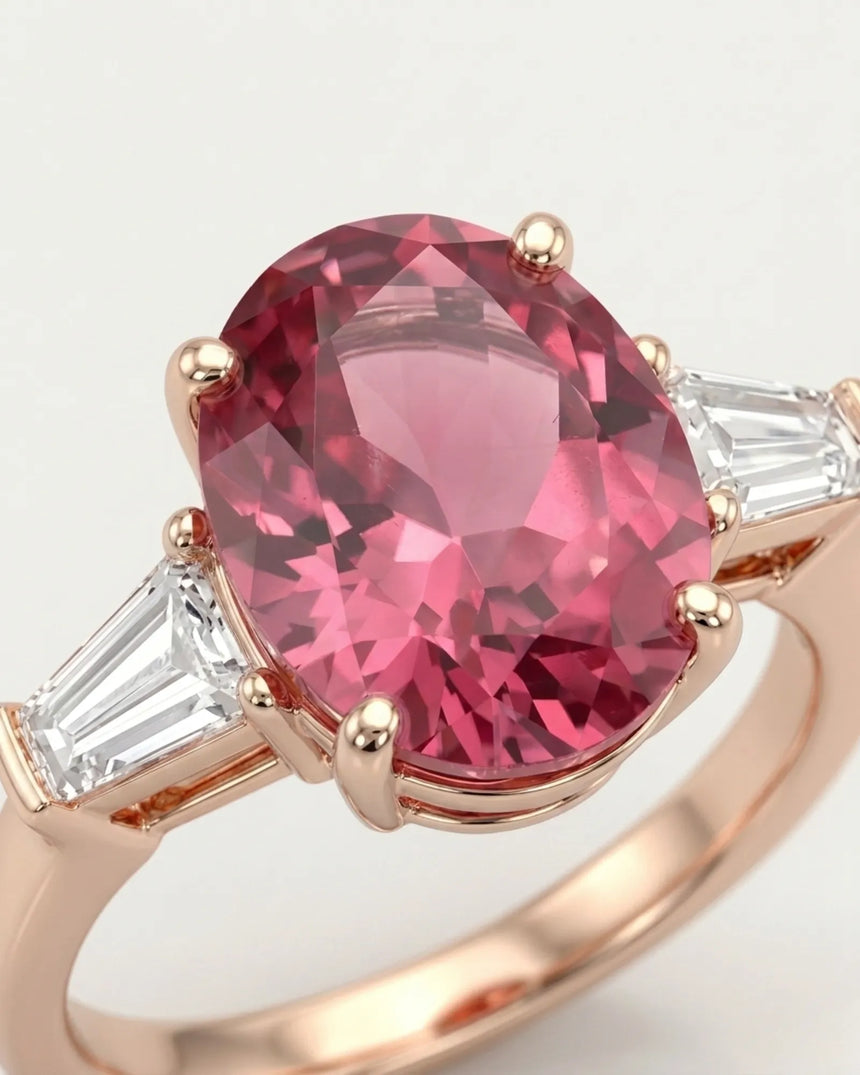 Oval pink tourmaline ring with emerald-cut diamond side stones in 18K rose gold | SARATTI
