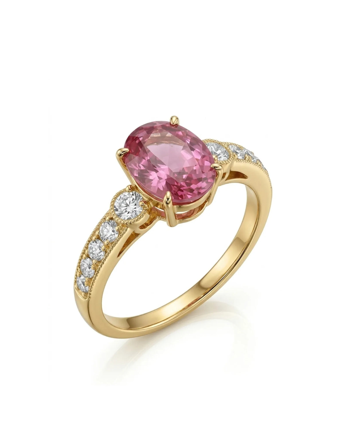 Oval purple sapphire diamond ring with tapered shoulder stones in 18K yellow gold | SARATTI