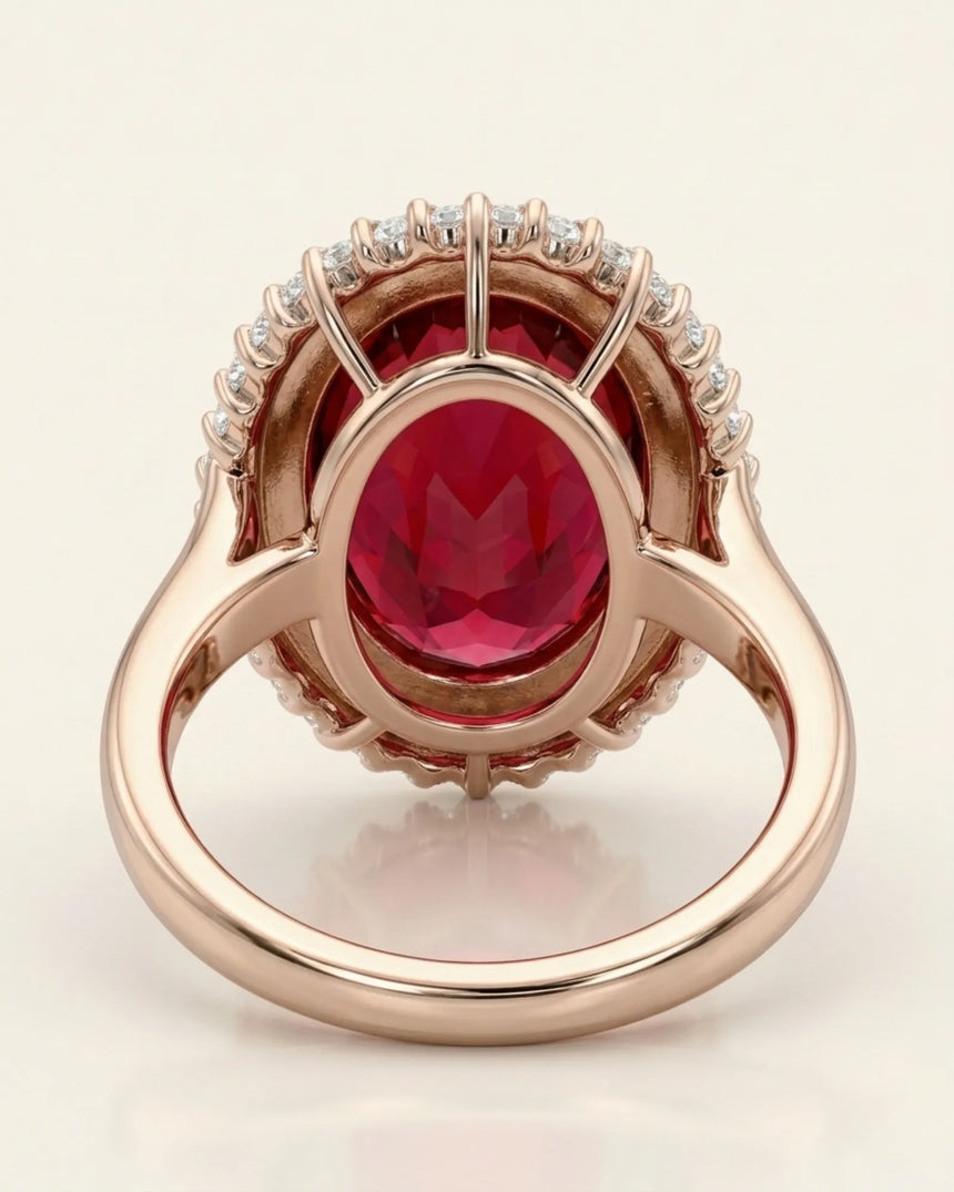 Oval red rubellite tourmaline ring with sparkling diamond accents in 18K rose gold | SARATTI