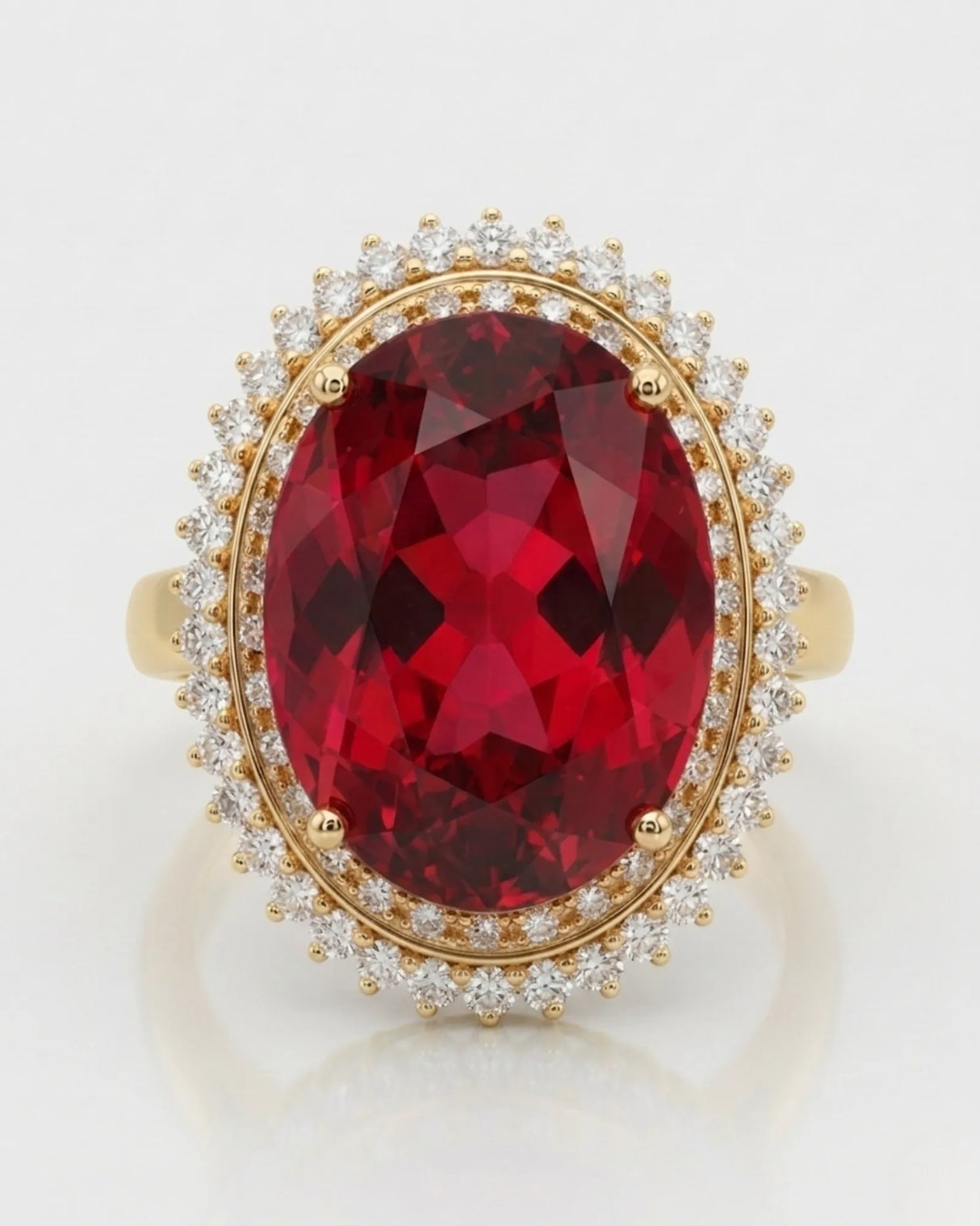 Oval red rubellite tourmaline ring with sparkling diamond accents in 18K yellow gold | SARATTI