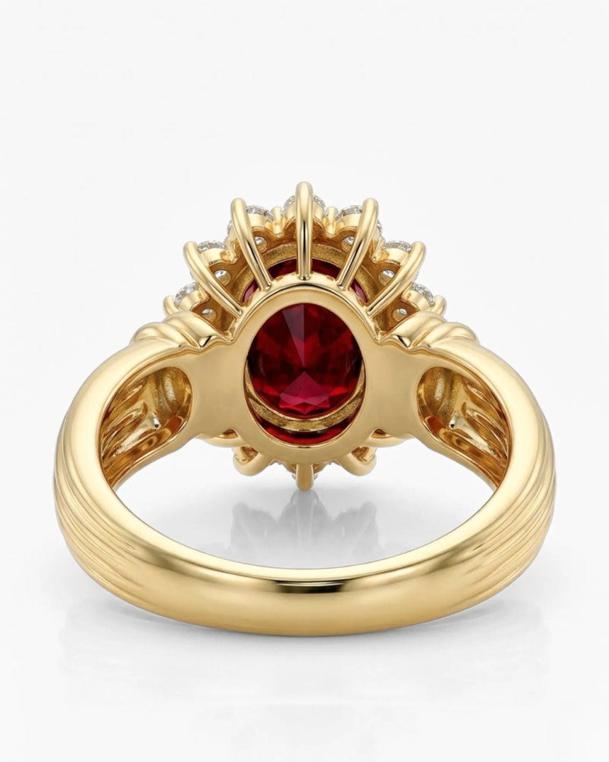 Oval red ruby halo ring natural 1.2 carat ruby diamond halo ring yellow gold triple contour band fine jewelry | SARATTI