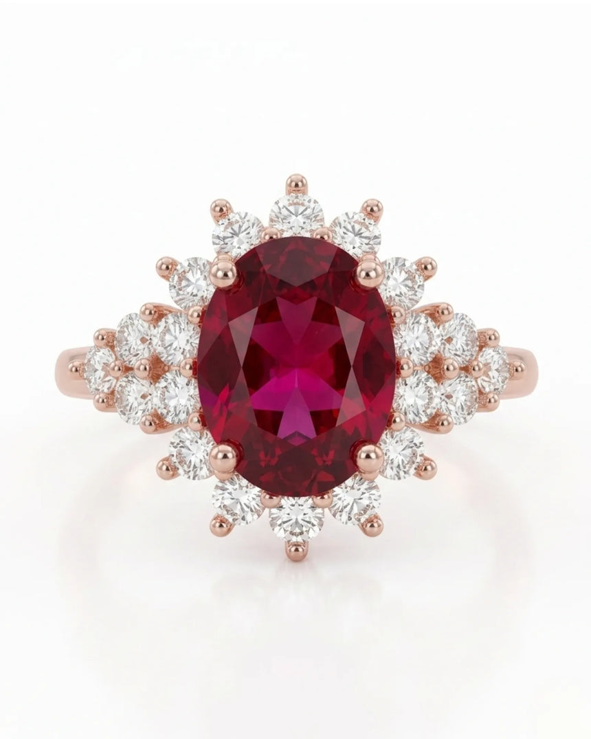 Oval reddish pink tourmaline ring with sparkling diamond accents in warm 18K rose gold | SARATTI