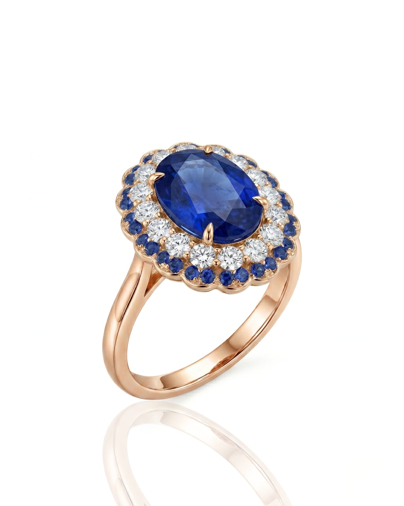 Oval royal blue sapphire double halo ring with diamond accents in 18K rose gold | SARATTI