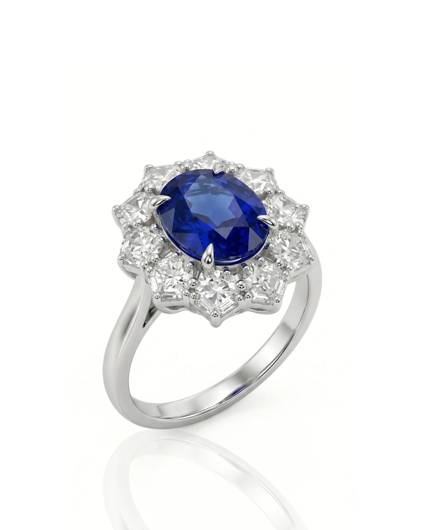 Oval royal blue sapphire ring with floral diamond halo in platinum | SARATTI