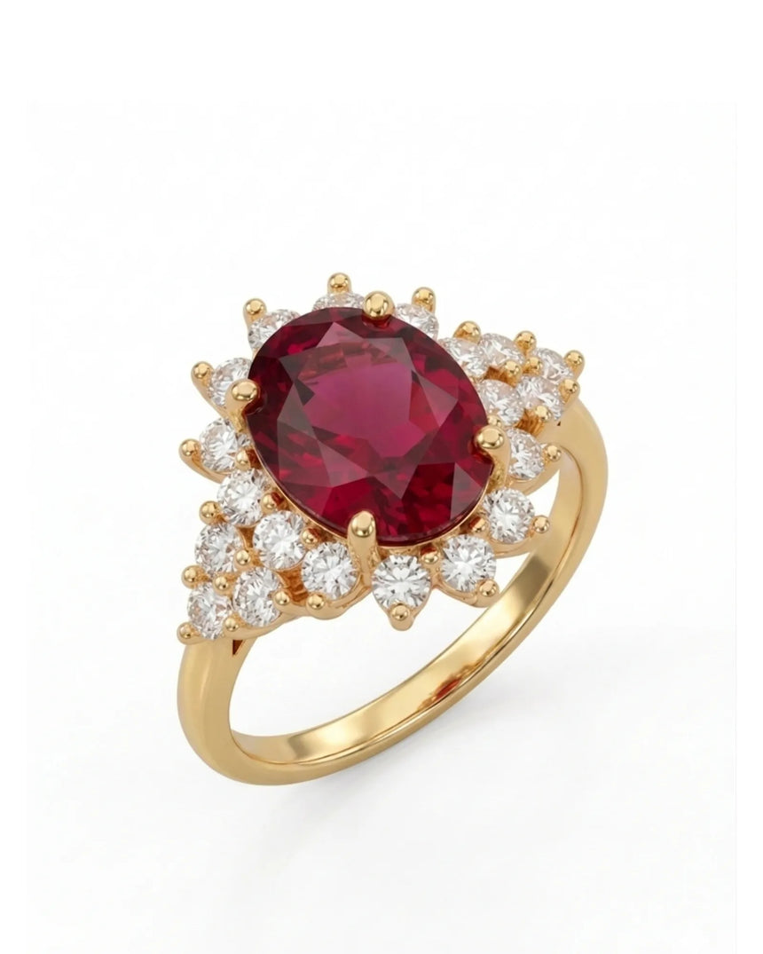 Oval rubellite tourmaline ring with diamond halo and polished 18K yellow gold band | SARATTI