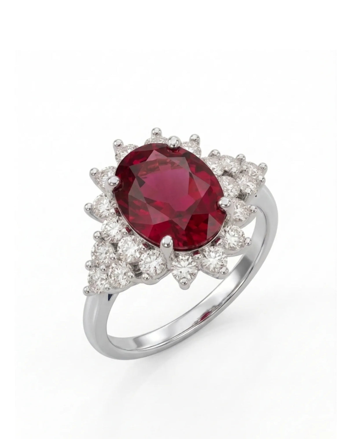 Oval rubellite tourmaline ring with round diamond halo in polished platinum setting | SARATTI