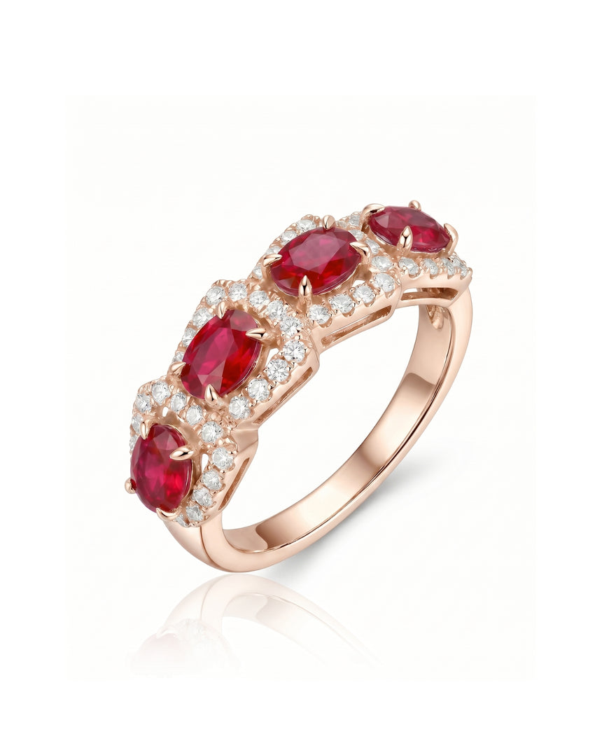 Oval ruby and diamond band with four red gemstones in 18K Rose Gold | SARATTI