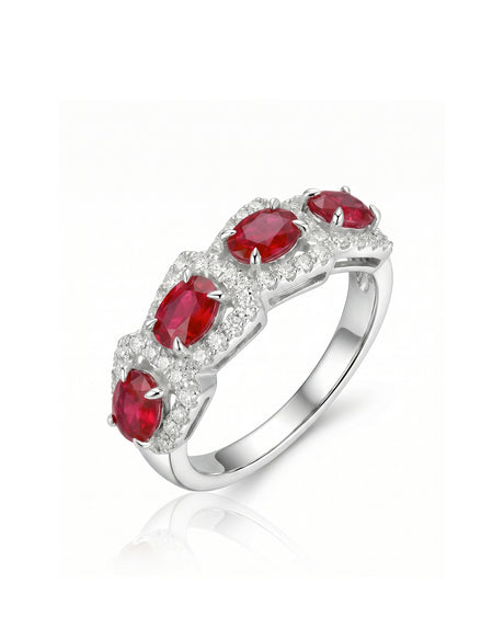 Oval ruby and diamond band with four red gemstones in 18K White Gold | SARATTI