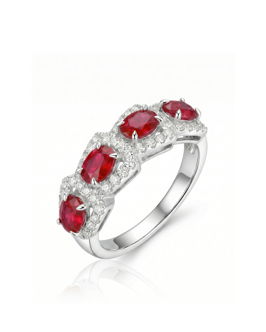 Oval ruby and diamond band with four red gemstones in 18K White Gold | SARATTI