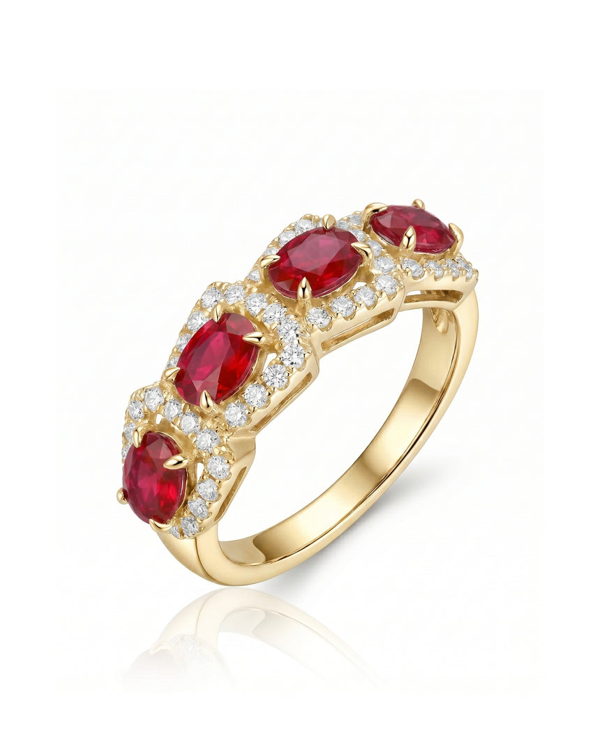 Oval ruby and diamond band with four red gemstones in 18K Yellow Gold | SARATTI