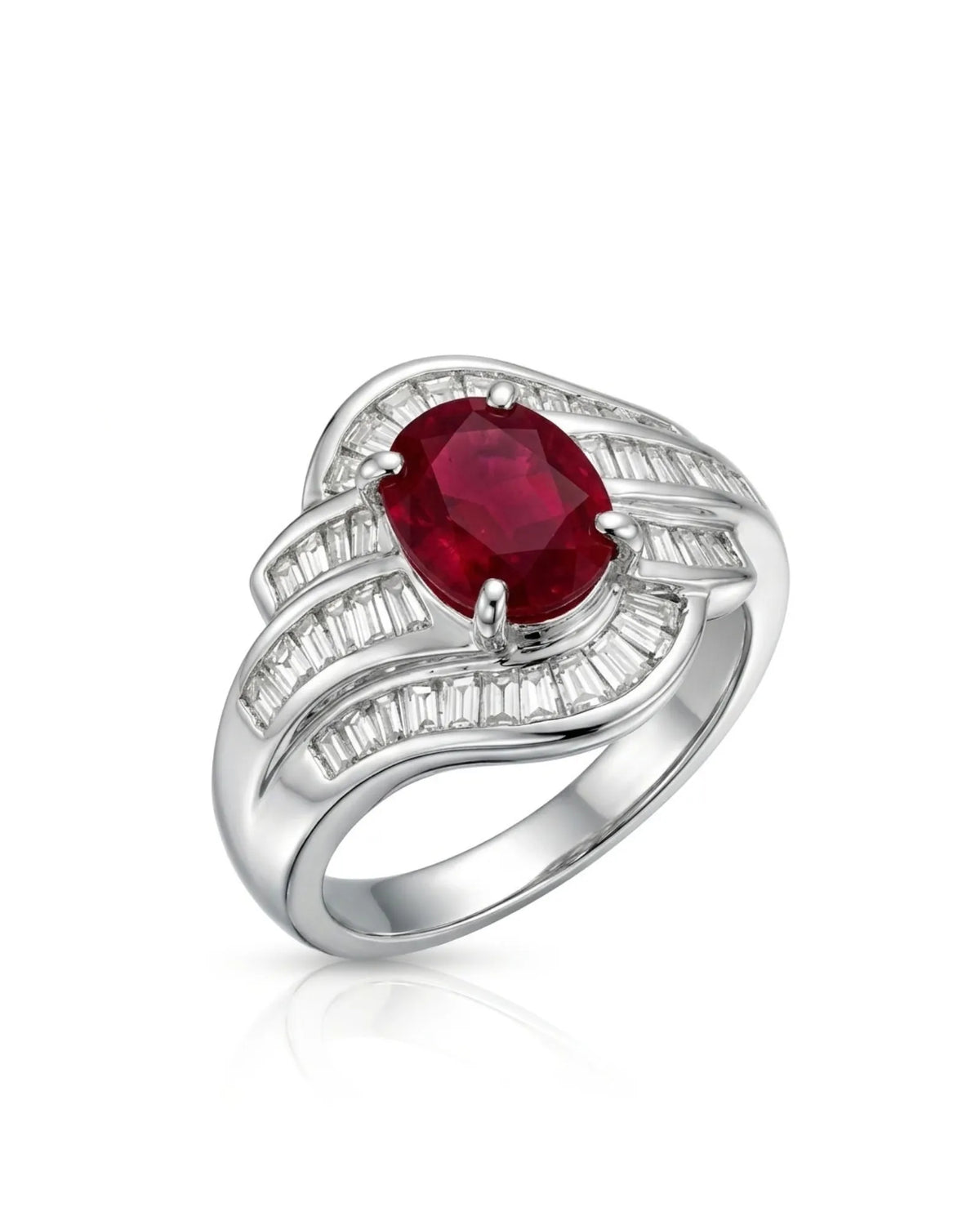 Oval ruby baguette diamond wave ring with sculptural channels in polished platinum | SARATTI
