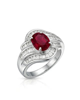 Oval ruby baguette diamond wave ring with sculptural channels in polished platinum | SARATTI