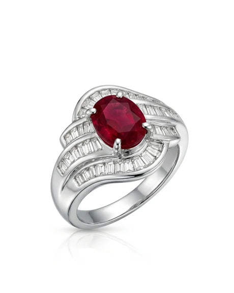 Oval ruby baguette diamond wave ring with sculptural channels in polished platinum | SARATTI