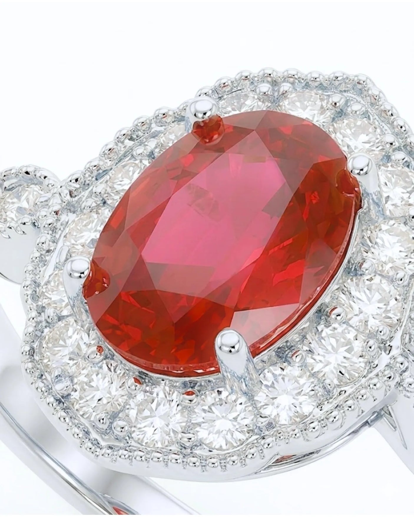 Oval ruby diamond halo ring scalloped frame platinum | SARATTI