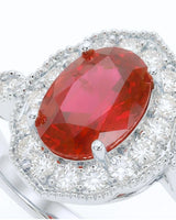 Oval ruby diamond halo ring scalloped frame platinum | SARATTI