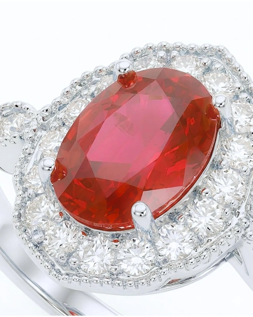 Oval ruby diamond halo ring scalloped frame platinum | SARATTI