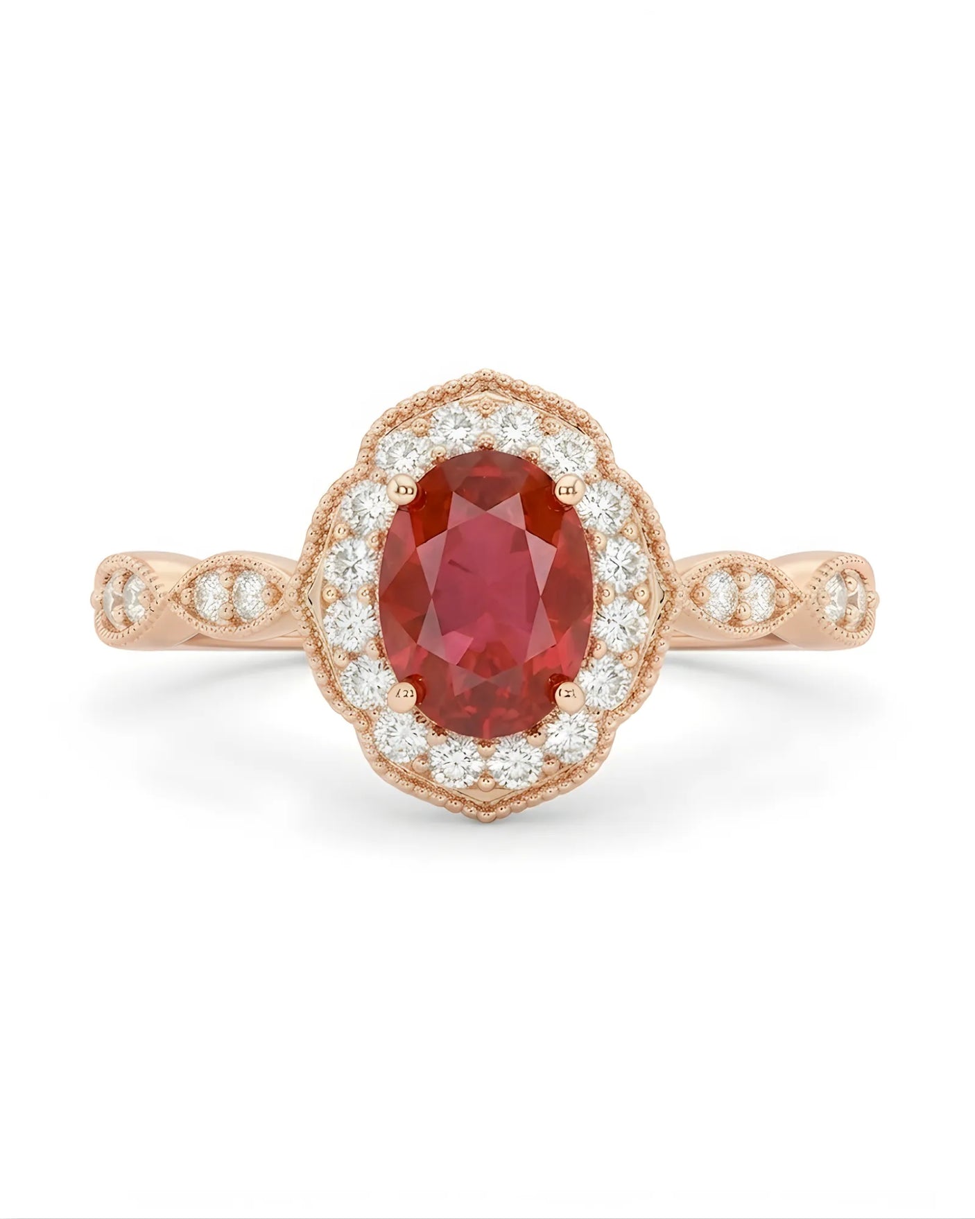 Oval ruby diamond halo ring scalloped frame rose gold | SARATTI