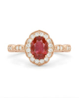 Oval ruby diamond halo ring scalloped frame rose gold | SARATTI