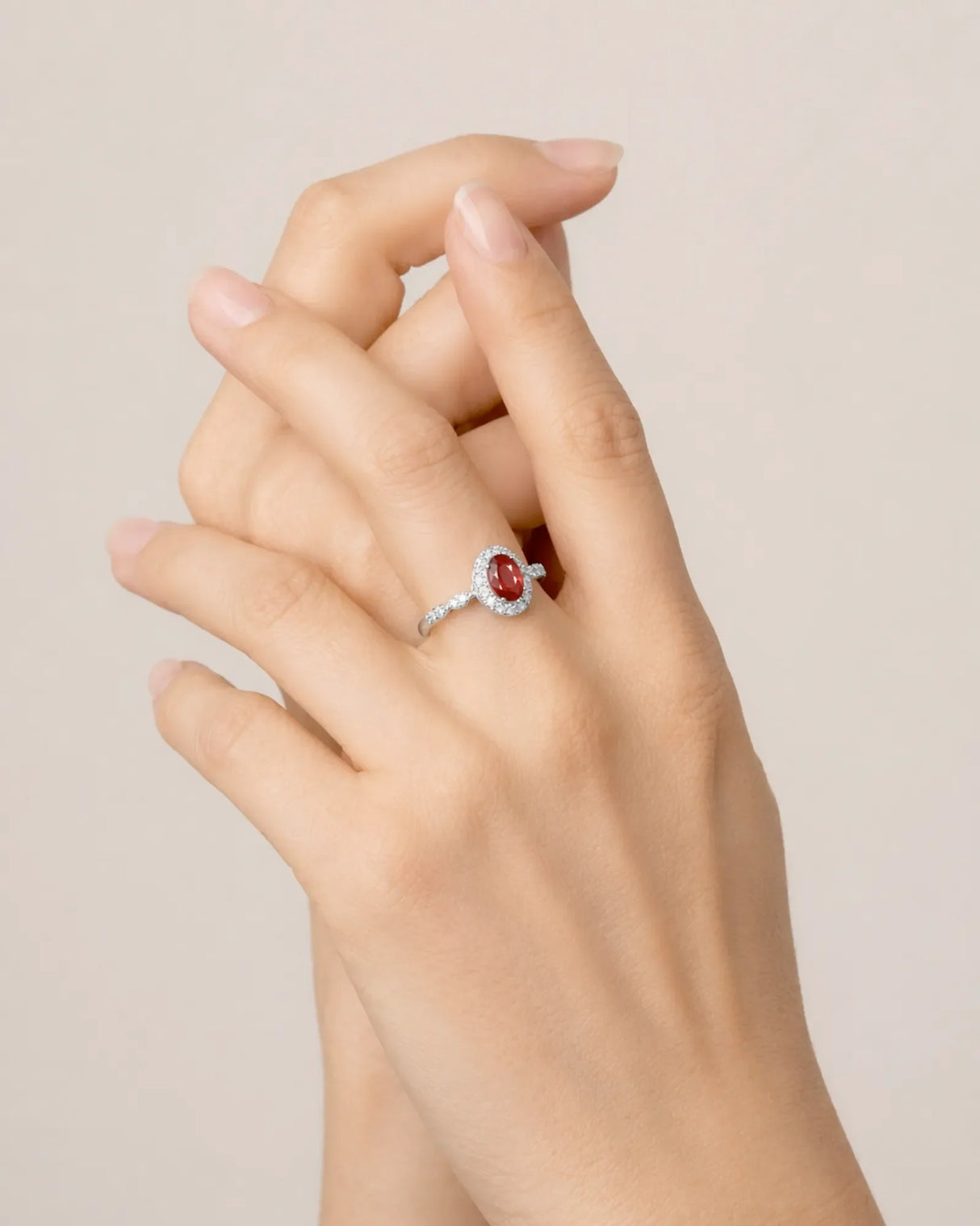 Oval ruby diamond halo ring scalloped frame white gold | SARATTI