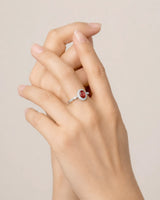 Oval ruby diamond halo ring scalloped frame white gold | SARATTI