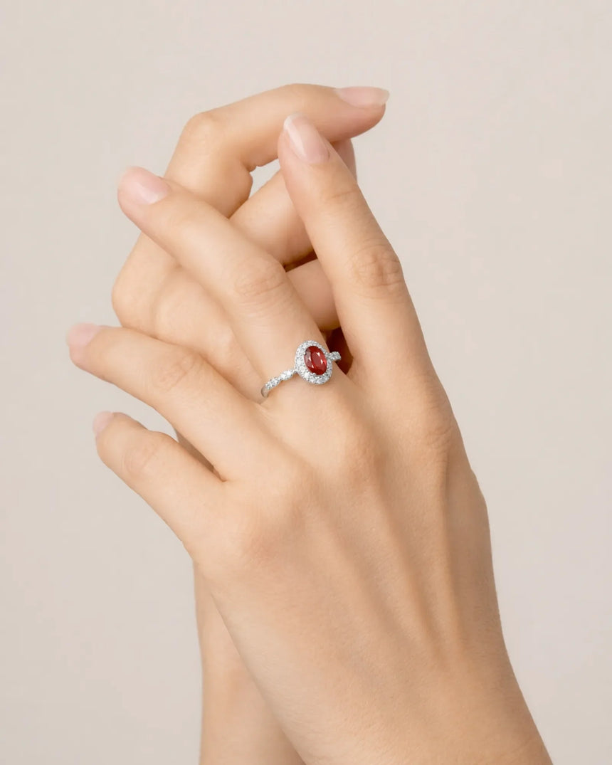 Oval ruby diamond halo ring scalloped frame white gold | SARATTI