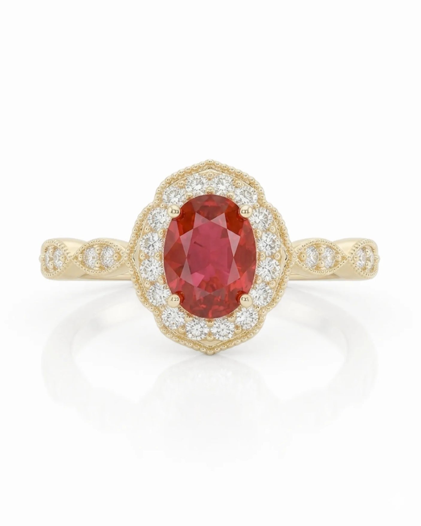 Oval ruby diamond halo ring scalloped frame yellow gold | SARATTI