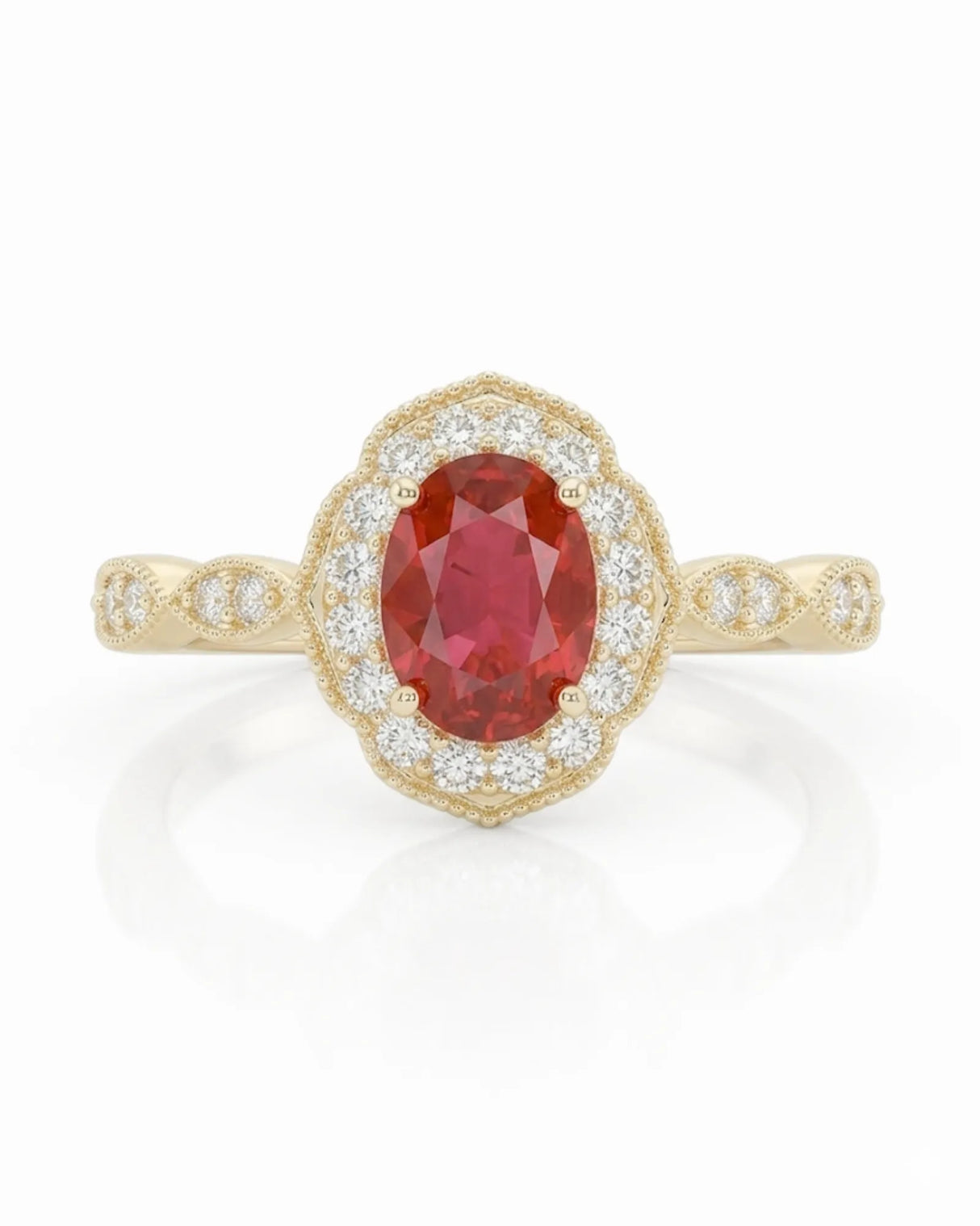 Oval ruby diamond halo ring scalloped frame yellow gold | SARATTI