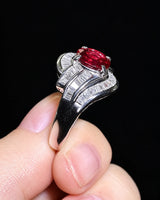 Oval ruby diamond ring in platinum with four-prong centre and architectural wave setting - SARATTI