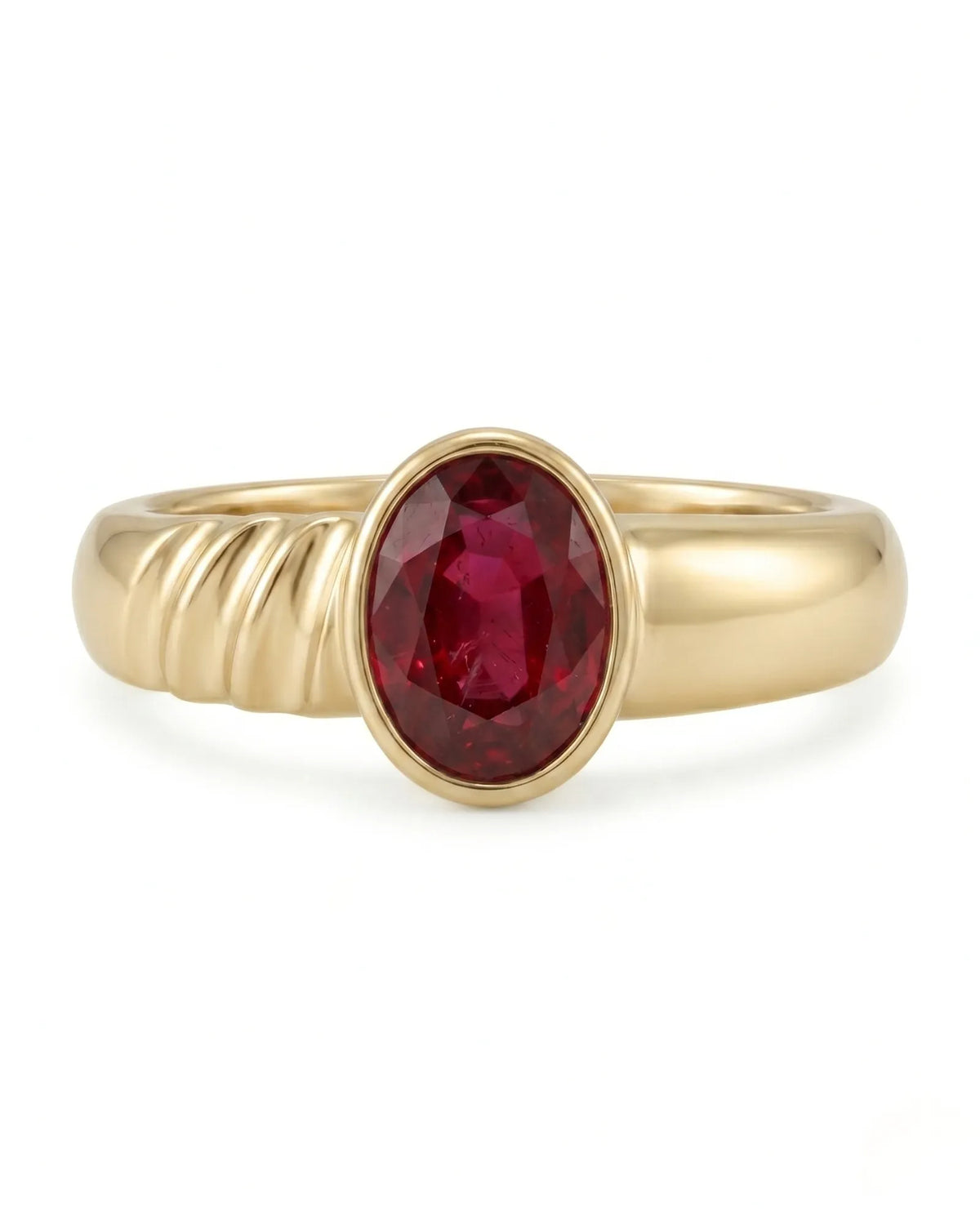 Oval ruby ring in 18K yellow gold with sculpted triple wave shoulder design | SARATTI
