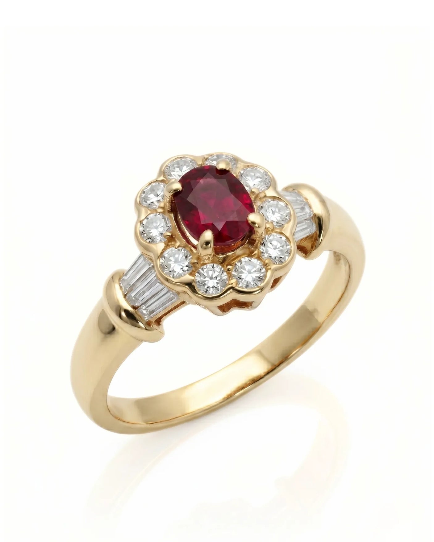 Oval ruby ring with diamond halo and baguette accents in 18K yellow gold | SARATTI