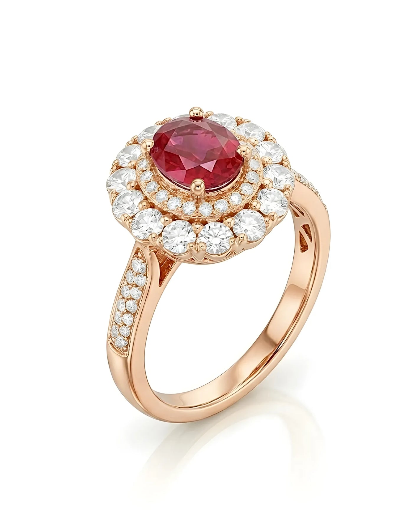 Oval ruby ring with double diamond halo and pavé shoulders in 18K Rose Gold | SARATTI