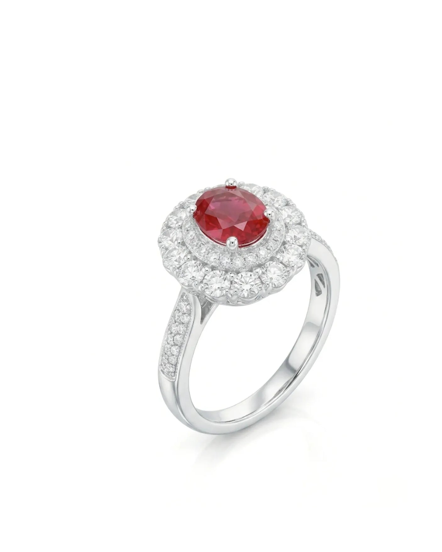 Oval ruby ring with double diamond halo and pavé shoulders in 18K White Gold | SARATTI