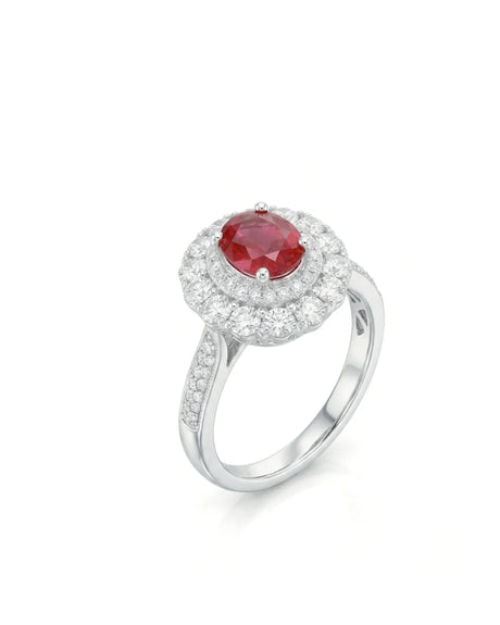 Oval ruby ring with double diamond halo and pavé shoulders in 18K White Gold | SARATTI