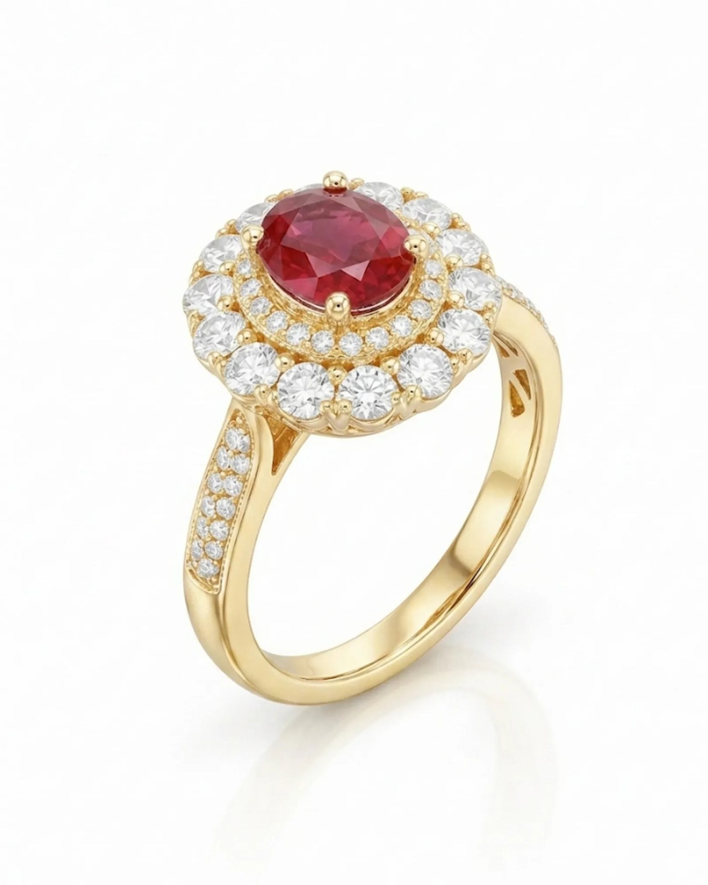Oval ruby ring with double diamond halo and pavé shoulders in 18K Yellow Gold | SARATTI