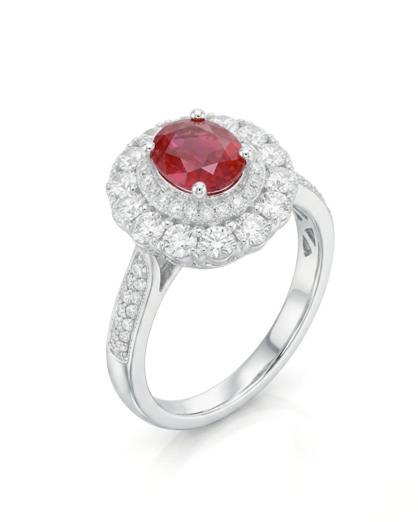 Oval ruby ring with double diamond halo and pavé shoulders in Platinum | SARATTI