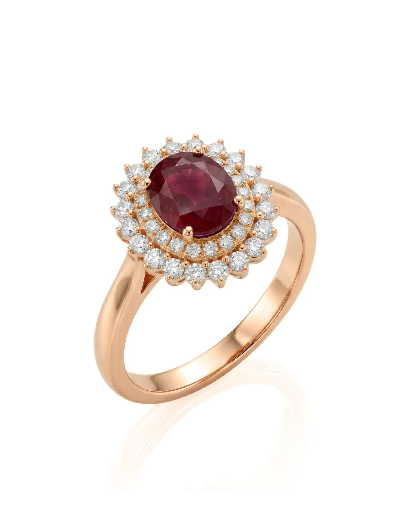 Oval ruby ring with double diamond halo in polished 18K rose gold --SARATTI
