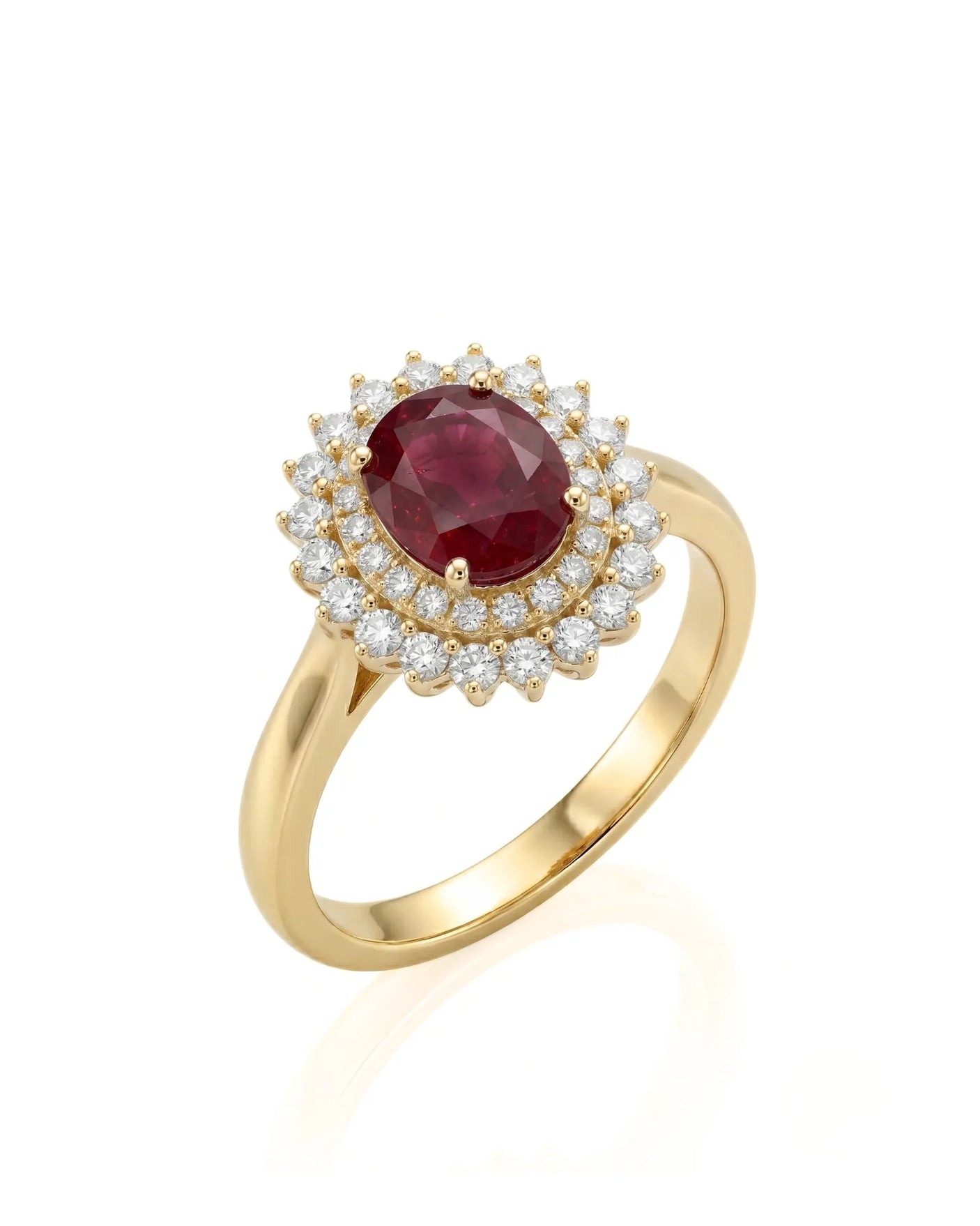 Oval ruby ring with double diamond halo in polished 18K yellow gold - SARATTI