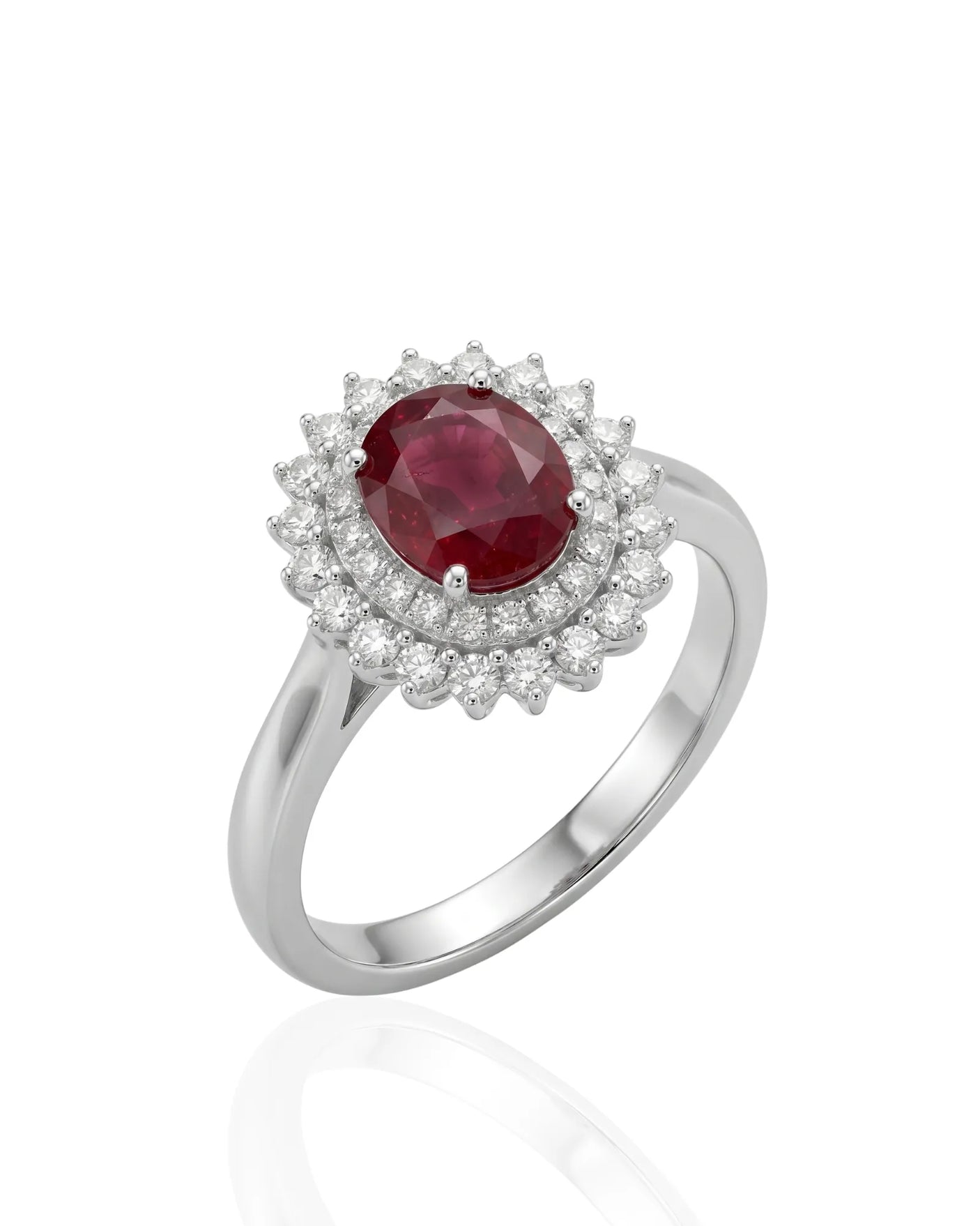 Oval ruby ring with double diamond halo in polished platinum craftsmanship -- SARATTI