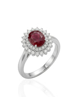 Oval ruby ring with double diamond halo in polished platinum craftsmanship -- SARATTI