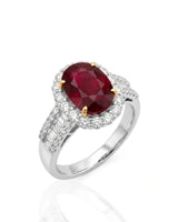 Oval ruby ring with double diamond halo in polished two tone | SARATTI